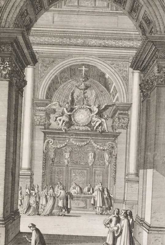 View in a church with a richly decorated choir stall, Nouuelles Inuentions pour faire les bancs des choeur, print, album page, ornamental print, Series number, 3, 6, View in a church with a richly decorated choir stall in the background. Print is part of an album., printmaker: Jean Lepautre, publisher: Pierre Mariette (II), Paris, c. 1657 - c. 1665, paper, etching, height 222 mm x width 150 mm, ornaments, art, seats of the clergy, choir-stalls, A detailed architectural engraving shows a grand interior with a high arched ceiling, fluted columns, and an ornate entablature. Above an elaborate doorway sits a sculptural group with winged figures flanking a central round medallion and decorative urns and scrollwork, all set within a recessed niche framed by an arch. The doorway itself is richly carved with panels, garlands, and sculpted heads. In front of the doorway a raised platform holds robed figures standing and seated around a central table or altar, with smaller groups of people gathe...