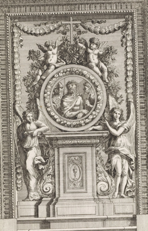 Tabernacle with Crowning with Thorns, Tabernacoli da ornare e abellire di Altari, print, album page, ornamental print, Tabernacle with a medallion depicting Christ with the crown of thorns on his head between two soldiers. Print is part of an album., printmaker: Franz Ertinger, after print by Jean Lepautre, after design by Jean Lepautre, publisher: Cornelis Galle (II), Antwerp, c. 1658 - 1678, after print by, paper, etching, height 226 mm x width 145 mm, This print is not discussed by Führing, but belongs to the series Tabernacoli da ornare e abellire., the crowning with thorns: soldiers with sticks place a thorny crown on Christ's head and give him a reed (Matthew 27:27-31, Mark 15:16-20, John 19:2-3), tabernacle, altar, chalice bearing the Host, A detailed monochrome engraving shows an ornate framed panel with decorative garlands and tassels draped along the top and sides. At the center is a circular medallion surrounded by carved beadwork and floral foliage; inside the medallion are...