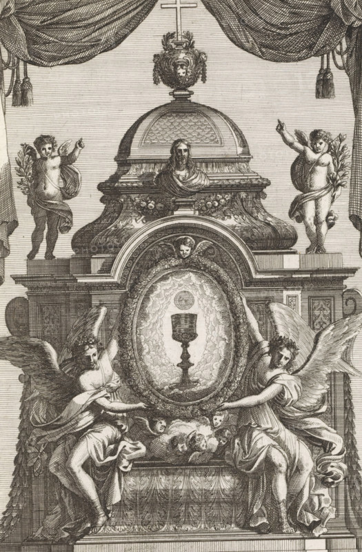 Tabernacle with a medallion with chalice and host, Tabernacoli da ornare e abellire di Altari, print, album page, ornament print, Tabernacle with two angels showing a medallion with chalice and host. A bust of Christ on the architrave. Print is part of an album., printmaker: Franz Ertinger, after print by Jean Lepautre, after design by Jean Lepautre, publisher: Cornelis Galle (II), Antwerp, c. 1658 - 1678, after print by, paper, etching, height 225 mm x width 146 mm, tabernacle, altar, chalice bearing the Host, An ornate engraved scene showing a central oval medallion held by two winged female figures, each draped in flowing garments and wearing wreaths, with the medallion containing a chalice against a decorative backdrop; above the medallion sits a sculpted bust on a pedestal beneath a domed canopy topped by an urn and a cross, flanked by small putti holding branches, while a heavy drapery with tassels frames the upper edges and cherubic faces appear among ornamental garlands below.