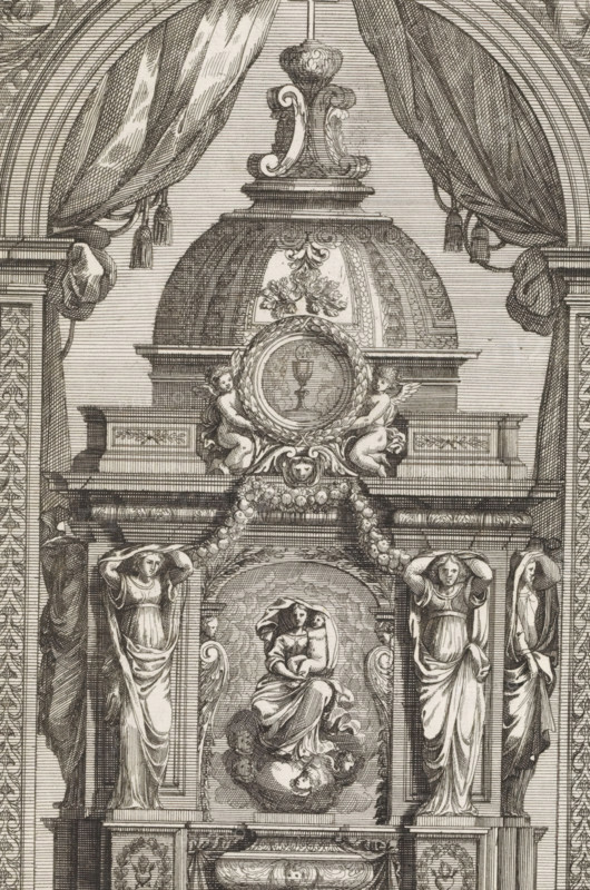 Tabernacle with a painting of Mary and Child, Tabernacoli da ornare e abellire di Altari, print, album page, ornament print, Tabernacle with a painting of Mary and Child. Print is part of an album., printmaker: Franz Ertinger, after print by Jean Lepautre, after design by Jean Lepautre, publisher: Cornelis Galle (II), Antwerp, c. 1658 - 1678, after print by, paper, etching, height 227 mm x width 146 mm, Madonna: i.e. Mary with the Christ-child, tabernacle, altar, chalice bearing the Host, A detailed engraved architectural composition shows draped curtains tied back with tassels framing a domed structure topped by an ornate finial. Below the dome is a circular medallion encircled by a laurel wreath held by two cherubic figures. Swags of garland hang beneath the medallion above a recessed oval panel containing a seated female figure with flowing robes and a small reclining child figure at her feet. Flanking the central panel are standing female figures carved as caryatids, each with drap...