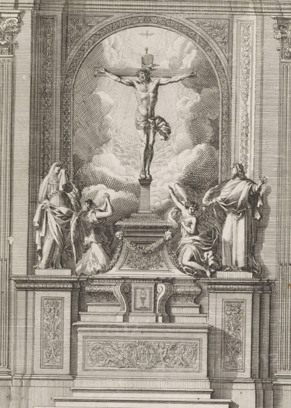 Altar with a painting of the Crucifixion, Retables d'autels à l'italienne, print, album page, ornamental print, Altar with a painting of the Crucifixion. Below the painting are statues of Mary, Mary Magdalene, an angel, and John the Baptist. Print is part of an album., printmaker: Jean Lepautre, publisher: Pierre Mariette (II), Paris, grantor of privilege: Louis XIV (King of France), c. 1658 - c. 1670, Louis 23:44-52, John 19:25-38), altar with altar-piece, A detailed engraving shows a central crucifix with a figure on a cross set within an arched niche filled with radiating clouds and light, flanked by four mourning figures in draped robes positioned on ornate pedestals and steps; two figures kneel with raised arms near the base of the cross while two stand to the sides, one with a covered head. The architectural setting includes fluted pilasters, decorated panels with floral motifs, cornices, and an elaborate stepped altar with carved garlands and volute supports. Fine parallel hatch...