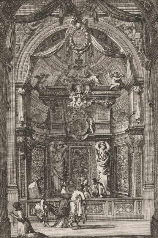 Woodwork decoration of chapel, Chaires de predicateurs, print, album page, ornament print, Print is part of an album., print maker: Jean Lepautre, publisher: Jean Leblond (I), Paris, c. 1650 - c. 1666, unknown, printmaker, grantor of privilege, paper, etching, height 209 mm x width 145 mm, parts of church interior: chapel, A detailed black and white etched interior scene showing an ornate architectural recess with draped curtains, carved columns, and decorative reliefs; a large arch frames an upper ledge adorned with sculpted cherubs, garlands, and a central medallion, while two standing sculpted figures flank the recessed area; beneath, a group of dressed figures gather near a balustrade, some kneeling and others standing, with one figure holding a long cloth that trails behind them; patterned panels and ornate mouldings cover the walls, and heavy curtains hang from the arch with tassels and folds visible.