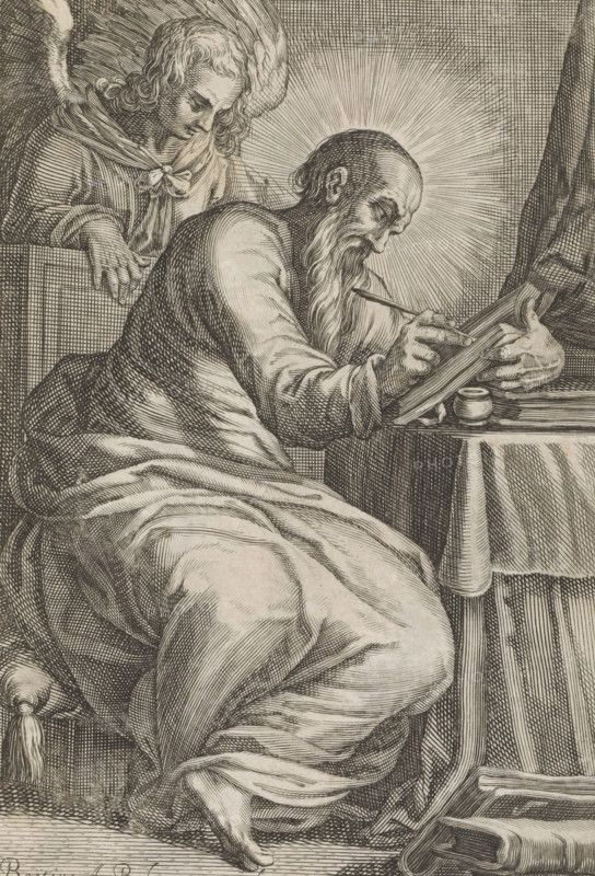 Evangelist Matthew, St. Matthew, print, album page, The evangelist Matthew is writing his Gospel. The angel stands behind him. Bottom right: i. Print is part of an album., publisher: Boëtius Adamsz. Bolswert, Low Countries, 1609 - 1633, printmaker, paper, engraving, height 214 mm x width 138 mm, St. Matthew writing the Gospel, usually the angel present, dictating or assisting him, An elderly bearded man is seated, leaning over a book on a small table while holding a writing instrument and writing; he has a halo of radiating lines around his head and is draped in flowing robes with visible folds and texture, one bare foot peeking from beneath the robes; behind him an angel with wings and curly hair looks down, one hand resting on the back of the seat and the other near the man's shoulder; on the table beside the book sits a small round inkwell, and a curtain or drapery hangs nearby, all rendered in fine crosshatched line work.