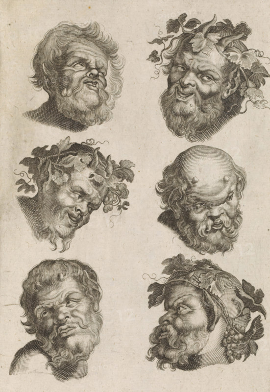 Six heads of satyrs, Satyrs, print, album page, Print is part of an album., printmaker: Coenraet Waumans, Antwerp, after design by Pieter van Avont, 1622 - 1652, unknown, grantor of privilege, paper, engraving, gravure, height 214 mm x width 141 mm, satyr(s) (in general), A sheet showing multiple engraved male heads arranged in pairs vertically, each head rendered in fine crosshatching with varied facial expressions and prominent beards; some heads wear wreaths of leaves and vines with clusters resembling grapes, one head appears bald on top with hair at the sides, another tilts with a sly expression, and others show furrowed brows, wrinkled foreheads, and textured hair, all on a lightly aged paper background.