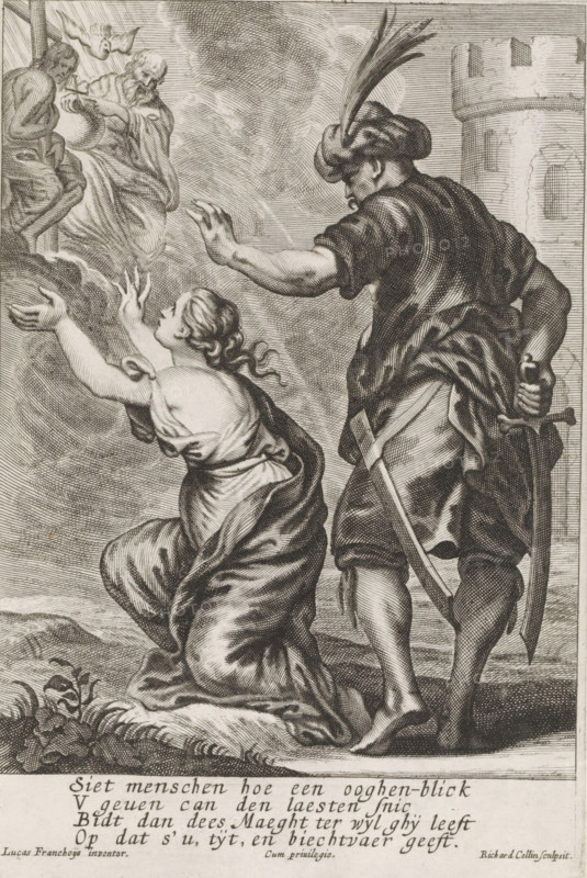 Woman turns to the Holy Trinity, print, album page, A woman, who is about to be slaughtered by an Eastern man, prays to the Holy Trinity in heaven. Below the image a four-line verse in Dutch. Print is part of an album., printmaker: Richard Collin, Antwerp, after design by Lucas Franchoys (II), 1637 - 1697, unknown, grantor of privilege, paper, engraving, height 175 mm x width 118 mm, one person praying, the Holy Trinity, 'Trinitas coelestis', Father, Son and Holy Ghost, Christian religion, Trinity in which God the Father and Christ are represented as persons, the Holy Ghost as dove, A black and white engraved scene shows a kneeling woman with wavy hair and draped clothing reaching upward with both arms toward a bearded, robed figure who appears above her holding a round object and flanked by another small figure and a bird overhead; beside the kneeling woman stands a man seen from behind wearing a feathered turban, a short tunic and a sash, one arm raised and the other hand gripping th...