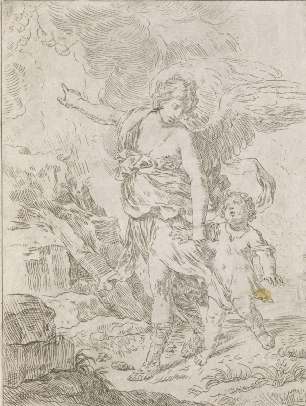 Angel takes child by the hand, print, album page, An angel takes a child by the arm and points him to the sky. Print is part of an album., Low Countries, 1600 - 1700, printmaker, paper, etching, etching pasted onto album page, height 168 mm x width 127 mm, child, guardian angel, index finger forwards, pointing, indicating, A monochrome line drawing shows a winged adult figure with flowing drapery guiding a smaller childlike figure by the hand; the adult has curly hair, one arm extended and pointing upward while the other holds the child, and large feathered wings spread behind; the child also has curly hair and appears to look toward the adult, wearing a simple tunic and walking barefoot; surrounding them are sketched clouds above and rocky, textured ground beneath with grasses and stones, all rendered with fine hatch and contour lines.