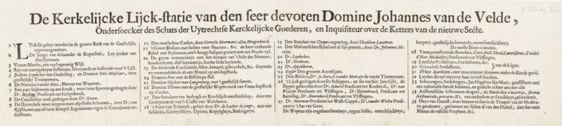 Text sheet accompanying the caricature of the funeral of Reverend Abraham van de Velde, 1677, The Ecclesiastical Procession of the Very Devout Reverend Johannes van de Velde, Investigator of the Treasure of Utrecht Ecclesiastical Goods, and Inquisitor of the Heretics of the New Sect, cartoon, text sheet, June 14, 1677. Text in 4 columns with legend 1-35., printmaker: Romeyn de Hooghe (possibly), paper, letterpress printing, text in letterpress, height 112 mm x width 535 mm, Person, Abraham van de Velde, Period, 1677-06-14, A horizontal aged paper print with dark printed text arranged in multiple narrow columns under a large bold heading centered at the top, showing serif type in a historical style, small decorative initials at the beginning of some lines, and uneven discoloration and slight creasing on the paper surface.