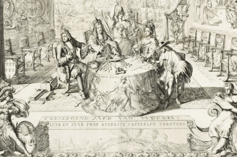 The Union Hall of the Principal Powers, to Maintain Justice and Peace, The Union Hall of the Most Powerful Powers for Justice and Peace, Allegory of the Political Situation in 1702, print, propaganda print, Allegory of the Political Situation in 1702 with a large hall in which the German Emperor, Queen Anne, and a member of the Dutch States-General are seated at a round table, next to King Louis XIV, for whom a saber lies on the table; the Emperor takes the false testament of Charles II from the Cardinal's hat of Porto Carrero. Behind the table stand the personifications of Liberty, Peace, and Christianity. In the background, a tapestry depicting the victory at Vigo. In the foreground, Strength and Prudence in a depiction of the conquest of Liège in 1702. Accompanying the print is a loose text sheet containing an explanation of the numbers 1-23, each in 2 columns in Dutch and French., caption: ''T GESIGEEND JAER ..., ... CSTEELEN VERCOND', inscription: 'DE VERBONDZAAL ... RECHT EN VREE...