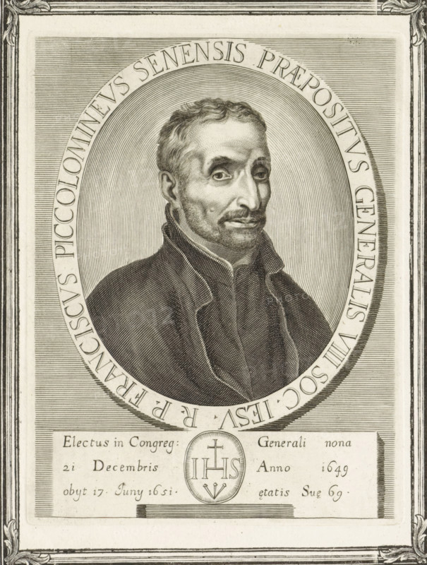 Portrait of the Italian priest Francesco Piccolomini, print, book illustration, On the left page the portrait in an ornamental frame. In the frame below his portrait the monogram of the Jesuits. On the right page his biography in Latin and in Italian., title: 'RP FRANCISCUS PICCOLOMINEUS SENENSIS PRAEPOSITUS GENERALIS VIII. SOC. IESU', printmaker: Arnold van Westerhout, Italy, 1751, paper, engraving, etching, woodcut, letterpress printing, etching and engraving and woodcut, letterpress, printed from two plates, on two sheets glued together, height 195 mm x width 152 mm, height 386 mm x width 535 mm, Print used in: Galeotti, Niccolò. Imagines praepositorum generalium Societatis Jesu, delineatae, et aereis formis expressae ab Arnoldo Van Westherhout, addita perbrevi uniuscujusque vitae descriptione. Rome: Monaldini, 1751., Person, Francesco Piccolomini, historical persons, regular clerics, eg Jesuits, Redemptorists, IHS ('Iesus Hominum Salvator'), symbol of Christ, A framed engraved port...