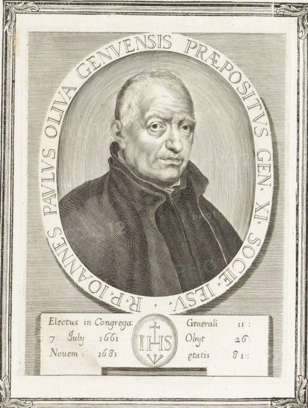 Portrait of the Italian priest Giovanni Paolo Oliva, print, book illustration, On the left page the portrait in an ornamental frame. In the frame below his portrait the monogram of the Jesuits. On the right page his biography in Latin and in Italian., inscription: 'Electus In Congrega: Generali II:, 7 July 1661 Obijt 26:, Novemb. 1681 aetatis 81', title: 'RP JOANNES PAULUS OLIVA GENUENSIS PRAEPOSITUS GEN. XI. SOCIE. IESU', printmaker: Arnold van Westerhout, Italy, 1751, paper, engraving, etching, woodcut, letterpress printing, etching and engraving and woodcut, letterpress, printed from two plates, on two sheets glued together, height 202 mm x width 151 mm, height 344 mm x width 509 mm, Print used in: Galeotti, Niccolo. Imagines praepositorum generalium Societatis Jesu, delineatae, et aereis formis expressae ab Arnoldo Van Westherhout, addita perbrevi uniuscujusque vitae descriptione. Rome: Monaldini, 1751., Person, Giovanni Paolo Oliva, IHS ('Iesus Hominum Salvator'), symbol of Christ...