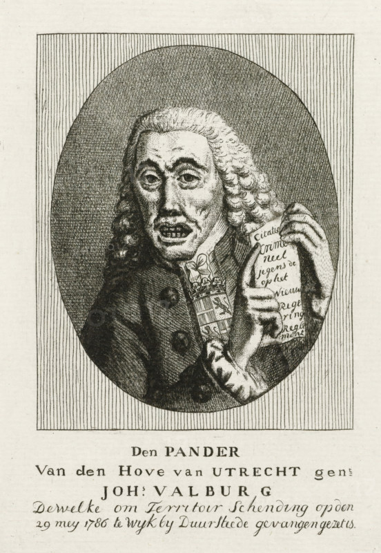 The Pawnbroker of the Court of Utrecht, named Joh. Valburg, Satirical portrait of the Utrecht pawnbroker Joh. Valburg, cartoon, print, Satirical portrait of Joh. Valburg, notary in Utrecht, pawnbroker of the Court of Utrecht, arrested on May 29, 1786 in Wijk bij Duurstede for activities outside his territory. Bust from the front, in an oval. With one hand pointing to document 'Citation criminal' in his hand., printmaker, Northern Netherlands, paper, etching, engraving, height 137 mm x width 98 mm, Person, Joh. Valburg, Utrecht, Period, 1786-05-29, An oval engraved portrait of a man with long curled hair and a lined face, wearing a dark coat with buttons and a decorative collar, holding a folded sheet in one hand while the other hand points toward it; the background inside the oval is textured with fine crosshatching and vertical lines frame the oval, and additional printed lines and ornate script appear below the portrait.