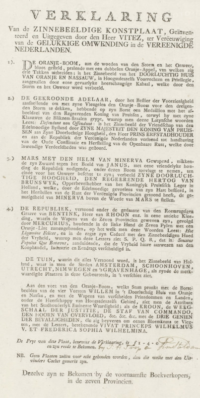 Explanation accompanying the Allegory on the Restoration of Stadtholder William V, 1787, Explanation of the Symbolic Artwork, Invented and Published by Mr. Vitez, for the Perpetuation of the Happy Turning Point in the United Netherlands, text sheet, Text sheet with an explanation of the representation of the print with the allegory on the restoration of Stadtholder William V in 1787. Explanation in four points followed by the prices of the various editions of the print. At the bottom, the name of a publisher, Trop, is written in pen., inscription: 'by JH Trop te Amsteldam', publisher: Joseph Vitez, Northern Netherlands, bookseller (person): JH Trop, Amsterdam, bookseller (person), paper, letterpress printing, text in letterpress, height 447 mm x width 260 mm, Person, William V (Prince of Orange-Nassau), Charles William Ferdinand Duke of Brunswick-Wolfenbüttel, William Gustav Frederick Bentinck of Rhoon, Restoration of Stadtholder William V (1787), Period, A single sheet of aged paper p...