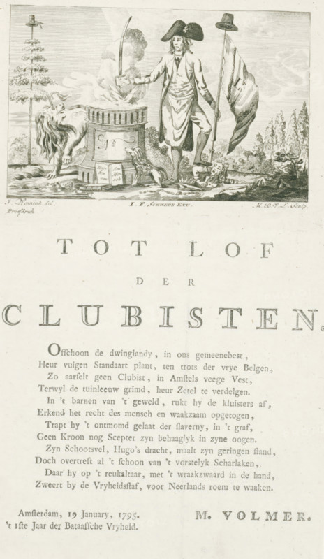 In Praise of the Clubists, Membership Certificate of the Clubists, 1795, print, membership certificate, Membership Certificate of the Amsterdam Clubists, January 19, 1795. A Batavian wearing a cocked hat and cockade, just like the classical hero Mucius Scaevola, holds his right hand with a saber in the fire on an altar. In his other hand, he holds a banner with an unfilled Lr. On the altar is the unfilled No., to indicate the club to which the patriot belonged. Furthermore, the Dutch Lion, a Keeshond, a book on the Rights of Man, and an enemy upon whom the patriot sets his foot. On the leaf below the plate a twelve-line verse., printmaker: Monogrammist MBVL, after drawing by J. Wennink, publisher: JF Schwepe, writer (clerical worker): M. Volmer, writer (clerical worker), paper, etching, engraving, letterpress printing, etching and engraving, with text in letterpress, height 102 mm x width 150 mm, height 253 mm x width 150 mm, Gaius Mucius Scaevola before Porsena: he thrusts his right h...