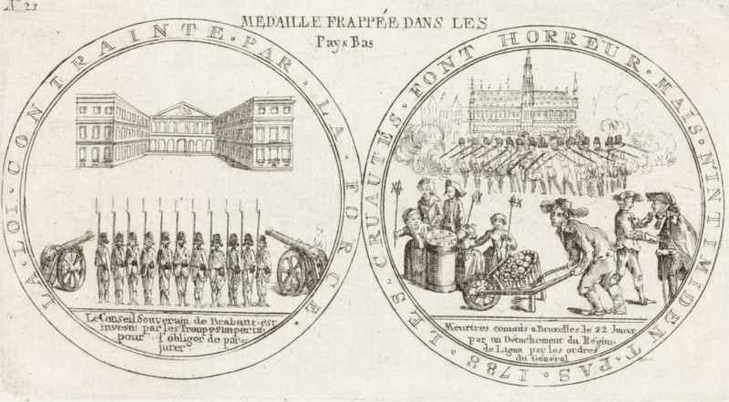 Medal in honor of the victims killed in Brussels on January 22, 1788, Medal struck in the Netherlands, Brabant Revolution, 1787-1790, print, 1788. On the obverse: a battalion of soldiers in front of the building where the States of Brabant are meeting, reverse: Austrian soldiers firing on innocent civilians on the Grand Place in Brussels, January 22, 1788. Numbered top left: No. 21. Part of a large group of prints relating to the events of the Brabant Revolution and the period 1787-1790., printmaker, Southern Netherlands, paper, etching, engraving, height 87 mm x width 160 mm, Two circular medallion illustrations appear side by side on a textured pale background. The left medallion shows a central building with a classical facade flanked by two rectangular multi-story wings, a row of standing soldiers in uniform holding long spears in front of the building, and cannons positioned near the edges; faint horizontal lines and shading define the ground and architectural details. The right m...