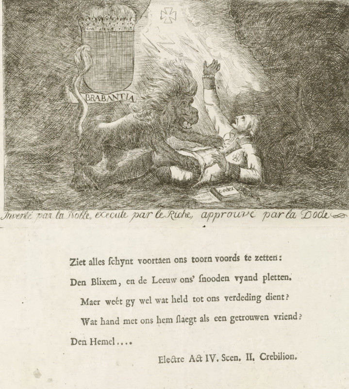 Brabant lion attacks Emperor Joseph II, Brabant Revolution, 1787-1790, cartoon, print, The Austrian Emperor Joseph II lying on the ground is attacked by a ferocious Brabant lion. With a one-line caption. On the sheet below the image, a five-line quote from the play Electra in Dutch. Part of a large group of prints relating to the events of the Brabant Revolution and the period 1787-1790., printmaker, Southern Netherlands, paper, etching, engraving, letterpress printing, engraving and book printing, height 271 mm x width 344 mm, Person, Joseph II (German Emperor), beasts of prey, predatory animals: lion, Brabant, Period, 1787 - 1790, A detailed black and white etching shows a large lion attacking a reclining man; the lion has a flowing mane, open mouth, and paws pressing on the man's torso, while the man lies on his back with one arm raised and the other clutching his chest, his face turned upward. To the left of the scene a shield with decorative elements and a banner is visible, and a...