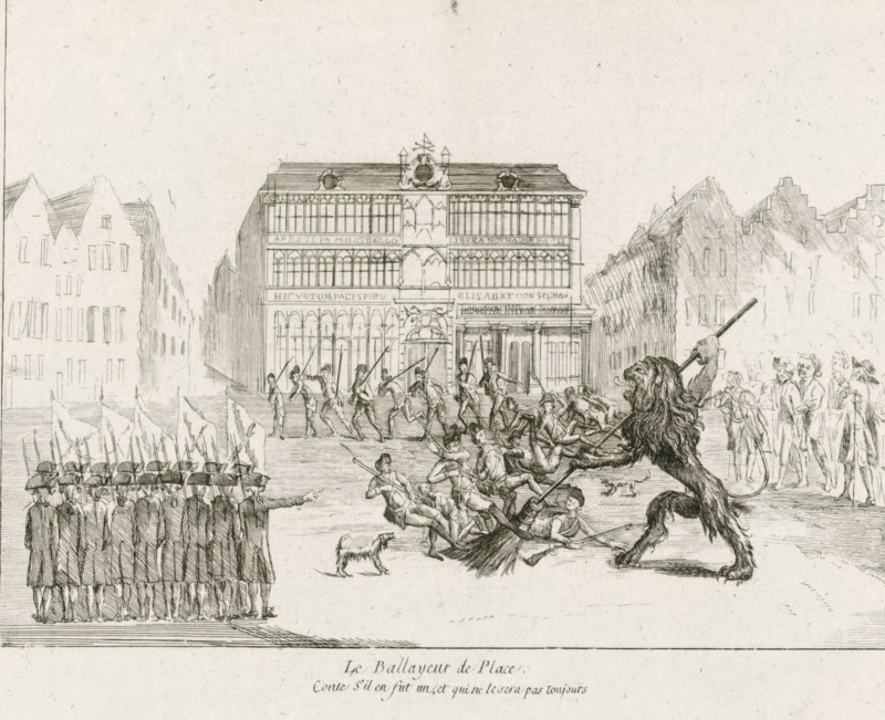 The Street Sweeper, Brabant Lion sweeps the square clean of soldiers, Brabant Revolution, 1787-1790, cartoon, print, The Brabant Lion sweeps a square clean of soldiers. In the background the Maison du Roi (precursor to the current Bread House) on the Grand Place in Brussels. Related to September 1, 1788. Part of a large group of prints relating to the events of the Brabant Revolution and the period 1787-1790., printmaker, Southern Netherlands, paper, etching, engraving, height 174 mm x width 210 mm, A detailed pen-and-ink scene shows a large ornate building with tall windows and decorative roof elements centered in the background, flanked by rows of gabled buildings. In the foreground a group of uniformed soldiers stand in formation to the left, wearing hats and long coats and carrying long poles, while another group of soldiers and figures in varied poses occupy the central area, some climbing or falling and holding pole-like weapons. To the right a large lion stands on its hind legs ...
