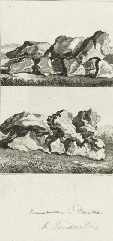 Megalithic tombs near Tinaarlo, print, historical object representation, Megalithic tombs near Tinaarlo., printmaker: Noach van der Meer (II), Netherlands, after drawing by Engelbertus Matthias Engelberts, 1788 - 1790, paper, etching, height 235 mm x width 151 mm, Illustration for: EM Engelberts, De aloude staat en geschiedenissen der Vereenigde Nederlanden, Johannes Allart, Amsterdam 1784-1799, vol. III, p. 162. State before the letter., prehistoric grave forms, prehistory, megalithic tomb, Tynaarlo, A vertical print shows two separate horizontal scenes stacked one above the other, each depicting a cluster of large irregular rocks resting on grassy ground; the rocks are rendered with dense parallel and cross-hatched lines creating strong light and dark contrasts and varied textured surfaces, while the grass beneath them is drawn with fine linear strokes; the upper scene features a long, low grouping of rocks with a clear horizon line and some distant low vegetation, and the lower scen...