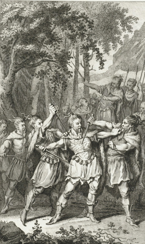 Murder of the Germanic general Arminius, 19, print, historical print, The Germanic general Arminius, leader of the Cherusci tribe, is murdered in 19 (according to FM in the year 17) by members of his own tribe., printmaker: Reinier Vinkeles (I), Netherlands, after drawing by Jacobus Buys, 1786, paper, etching, height 235 mm x width 150 mm, Illustration for: Jacobus Kok, Vaderlandsch Woordenboek, Johannes Allart, Amsterdam 1785-1799, 35 volumes, vol. IV, pl. II. Appears before the letter., Person, Arminius (general), attempt, political murder, extinct, 'historical' peoples (with NAME), Roman period in the Netherlands, A detailed black and white engraving shows a group of men in historical clothing engaged in a violent struggle in a wooded landscape; several men in short tunics and cloaks with tied-up hair grasp and stab at one another with short swords or spears while one man in the center receives multiple thrusts and leans back with a grimacing expression; behind them other figures st...