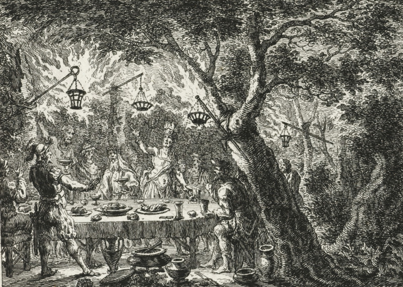 Revolt of Civilis against the Romans, 69-70, print, historical print, Claudius Civilis calls for a revolt against the Romans. During a feast in the forest., printmaker: Simon Fokke, Netherlands, 1725 - 1784, paper, etching, height 85 mm x width 117 mm, Illustration possibly for a play about Claudius Civilis. Located before the letter, Person, Gaius Julius Civilis, extinct, 'historical' peoples (with NAME), Batavian Revolt, Period, 69, A detailed black and white ink scene shows a long outdoor table set with plates, bowls, cups, and serving vessels, with people gathered around it in varied poses; some figures are seated while others stand, one figure lifts an arm, another leans forward over the table, and several wear long garments and head coverings. Above the table, hanging lanterns are suspended from angled poles attached to branches, and a large tree with textured bark and a spreading canopy dominates the right side of the image. The background is filled with dense foliage and patter...