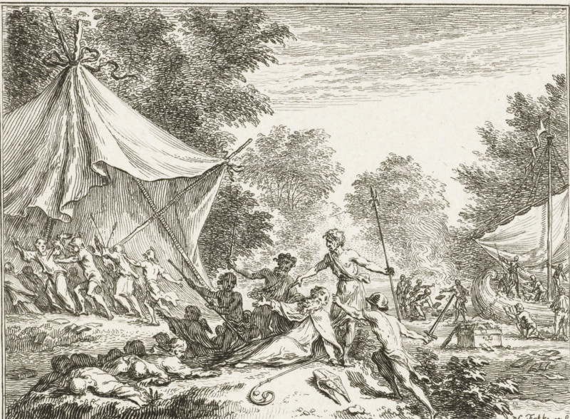 Bonifatius murdered at Dokkum, 754, print, historical print, Bonifatius murdered at Dokkum on June 5, 754., printmaker: Simon Fokke, Northern Netherlands, after design by, 1722 - 1750, paper, etching, height 91 mm x width 105 mm, Illustration for an unknown work, later reused in: JW te Water, The National History of Mr. J. Wagenaar, abridged, and with instructive remarks, for the service of Dutch youth, 1784-1800, 4 volumes. Pl. VII, page 88. Appears before the letter., Person, Boniface, martyrdom, suffering, misfortune, death of St. Boniface, Boniface murdered at Dokkum, Dokkum, Period, 754-06-05, A detailed black and white ink scene shows a group of people on a shoreline with tents and boats. On the left a large tent with fabric folds and ropes is pitched beneath trees, and several figures near the tent gesture and pull at poles. In the center foreground a mix of seated and standing figures interact, some holding long spears or staffs and others reaching or pointing, with draped garm...