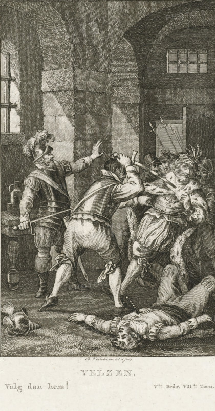 Murder of Floris V, 1296, print, historical print, Gerard van Velzen murders Count Floris V., printmaker: Reinier Vinkeles (I), Netherlands, 1751 - 1816, paper, etching, height 254 mm x width 171 mm, According to inscription illustration for an (unknown) play: Velzen: Follow him then! V.the act, VII.the tone. State with the letter, Person, Gerard van Velzen, Floris V (Count of Holland and Zeeland), violent death, being killed, being mishandled and maltreated, seeking death, History of Floris V and Gerard van Velzen, Period, 1296-06-27, A detailed black and white engraving shows a stone interior with arched doorways and barred windows. In the foreground a fallen man lies face up on the floor with one arm outstretched and a helmet beside him. Three standing figures in period clothing and armor are clustered centrally; one man with a feathered helmet holds a sword and gestures with an open hand, another leans forward gripping a dagger and appears to be striking or restraining a bearded ma...