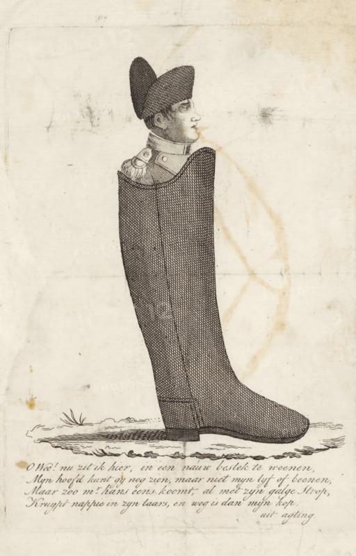Napoleon in a boot, 1813, cartoon, print, Caricature of Napoleon in a boot, 1813. With four-line caption., printmaker, Netherlands, paper, etching, height 145 mm x width 102 mm, Person, Napoleon I (Emperor of the French), political caricatures and satires, military clothing and other equipment (uniforms, cap, armor, helmet, etc.), boots, Napoleonic Wars, Period, A tall boot drawn in a stippled engraving style with a human head and shoulders emerging from the top, the head in profile wearing a bicorn hat and a high-collared military coat with an epaulette, the boot rendered with dense crosshatching and standing on a simple ground line with short tufts of grass, the background a worn paper with stains, creases, and smudges.