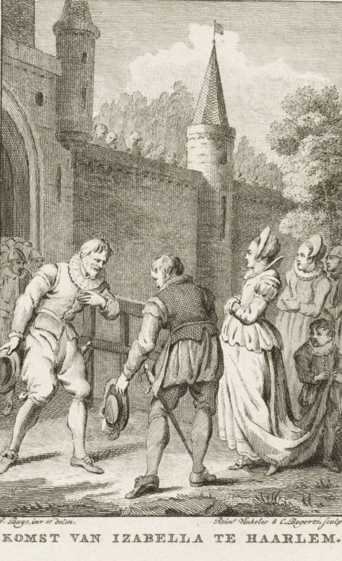 Arrival of Isabella in Haarlem, 1444, print, historical print, Arrival of Isabella of Portugal, wife of Philip the Good, Duke of Burgundy, in Haarlem in 1444 to quell the rebellion between the Hooks and the Cods., printmaker: Reinier Vinkeles (I), Netherlands, printmaker: Cornelis Bogerts, after design by Jacobus Buys, 1780 - 1795, paper, etching, height 99 mm x width 73 mm, Illustration for: J. Fokke, Histories of the United Netherlands for the Fatherland's Youth, Johannes Allart, Amsterdam 1783-1795, 25 volumes, vol. III, pl. I. State with the letter., Person, Philip III the Good, Isabella of Portugal, Hook and Cod Wars, Haarlem, Period, An etching shows a group of people standing before a large stone wall and a gate with towers; the foreground features two men facing each other, both holding hats, one slightly bowing and the other leaning forward with a hand near his chest, dressed in period clothing with doublets, breeches, and ruffled collars, and swords at their sides. To the rig...