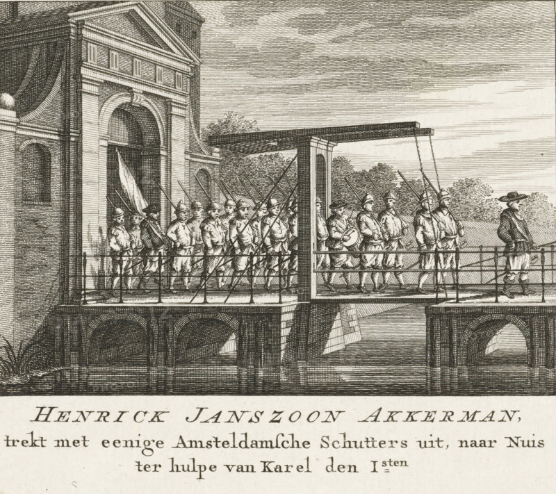 Hendrick Jansz. Ackerman marches out of the city with a company of musketeers, Henrick Janszoon Akkerman, marches out with some Amsterdam musketeers, to Nuis in aid of Charles the First, print, historical print, marches out with some Amsterdam musketeers to Nuis in aid of Charles the Bold, 1474. A company of musketeers marches out of the city through a city gate., printmaker: attributed to Barent de Bakker, Northern Netherlands, after drawing by Hermanus Petrus Schouten (attributed to), 1780 - 1782, Attributed to, paper, etching, height 119 mm x width 146 mm, Print possibly from: Ollefen, Lieve van. Concise description of Amsterdam, suitable for the education of youth. Amsterdam: Jan Barend Elwe, 1782., Person, Charles the Bold (Duke of Burgundy), Hendrick Jansz. Ackerman, Burgundian period in the Netherlands, Amsterdam, North Rhine-Westphalia, Neuss, Period, 1474 - 1475, A detailed black and white engraving shows a group of uniformed soldiers marching across a wooden drawbridge attach...