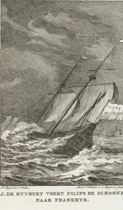 J. de Huybert sails Philip the Fair to France, J. de Huijbert sails Philip the Fair to France, 1506, print, historical print, 1506. Ship in a storm at sea, with banner: Watch Huybert., printmaker: Reinier Vinkeles (I), Netherlands, printmaker: Cornelis Bogerts, after drawing by Jacobus Buys, 1780 - 1795, paper, etching, height 127 mm x width 100 mm, Illustration for: J. Fokke, Histories of the United Netherlands for the Fatherland Youth, Johannes Allart, Amsterdam 1783-1795, 25 volumes, vol. III, pl. III. State with the letter., Person, Philip the Fair (Duke of Burgundy), J. de Huijbert, storm at sea, The Netherlands under the Habsburgs, Period, An engraved scene shows a sailing vessel listing heavily to one side amidst choppy waves, with its sails billowing and rigging lines visible; the sky above is filled with dense crosshatched clouds, and the sea surface is depicted with swirling foam and textured waves, while fragments of other masts and ship structures appear in the background.