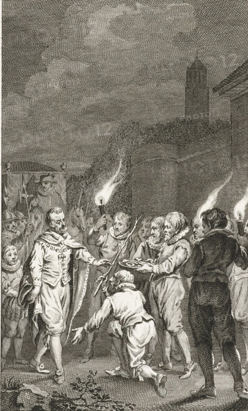 Emperor Charles V welcomed into Utrecht, 1540, print, historical print, Emperor Charles V is welcomed as lord in Utrecht in 1540 by the light of torches and offered the rod of justice and the keys of the city., printmaker: Reinier Vinkeles (I), Netherlands, after drawing by Jacobus Buys, 1789, paper, etching, height 238 mm x width 154 mm, Illustration for: Jacobus Kok, Vaderlandsch Woordenboek, Johannes Allart, Amsterdam 1785-1799, 35 volumes, vol. XXI, pl. III. Stands before the letter., Person, Charles V (Holy Roman Emperor and King of Spain), triumphal entry and public reception, pageant, 'entrée solennelle', 'joyeuse entrée', The Netherlands under the Habsburgs, Utrecht, Period, 1528, A crowded night scene rendered in fine linear engraving shows a group of men gathered outdoors beneath a cloudy sky, with a tall tower and dense foliage visible in the background; several figures hold torches that cast bright flames, illuminating faces and clothing. In the foreground a man wearing a c...