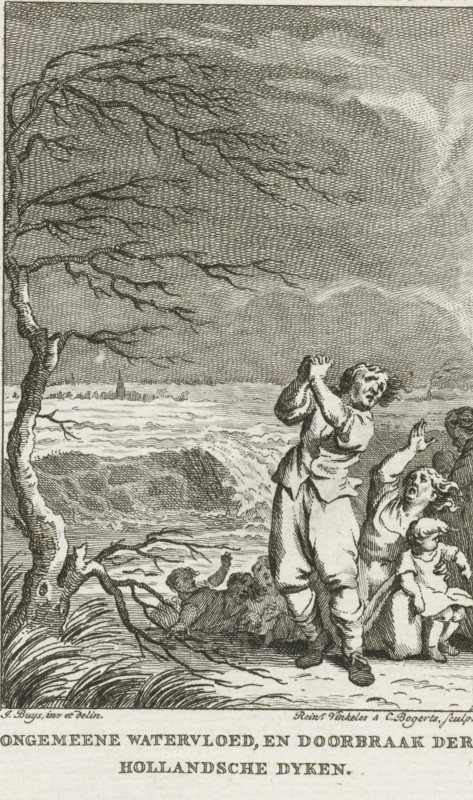 Uncommon flood, and breach of the Dutch dikes, Dike breach, 1530, print, historical print, Dike breach and flood, November 5, 1530. Flood with pleading victims of the disaster in the foreground., printmaker: Reinier Vinkeles (I), Netherlands, printmaker: Cornelis Bogerts, after drawing by Jacobus Buys, 1780 - 1795, paper, etching, height 126 mm x width 87 mm, Illustration for: J. Fokke, Histories of the United Netherlands for the Fatherland's Youth, Johannes Allart, Amsterdam 1783-1795, 25 volumes, dl. III, pl. VII. Stated with the letter., dike-break, Netherlands under the Habsburgs, Period, 1530-11-05, A monochrome engraved scene shows a windswept landscape with a large leafless tree leaning to one side and its long branches stretching across the sky, textured clouds and lines filling the background. In the midground there is a turbulent body of water with a breaking wave and distant low shoreline. In the foreground a group of figures stands on the shore; one central adult figure lea...
