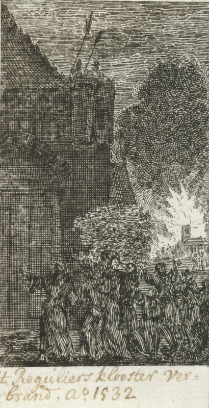 Reguliersklooster in Amsterdam burned, 1532, 't Reguliersklooster burned: Ao 1532, print, history print, The Reguliersklooster in Amsterdam burned, 1532. The title is written in pen under the scene., printmaker: attributed to Simon Fokke, Northern Netherlands, 1722 - 1784, printmaker, Attributed to, materials by function, paper, ink, etching, pen, pen in brown, height 80 mm x width 41 mm, Illustration for an almanac. Places before the letter., on fire, ablaze, Netherlands under the Habsburgs, Amsterdam, Reguliersklooster, Period, A tall stone building with a pitched roof and a rounded arch is shown on the left, with a turreted tower rising above it and two figures standing atop the tower holding long poles. To the right, dense, textured foliage forms a large tree whose branches and leaves are rendered with swirling lines. In front of the tree, a bright burst of light or flame radiates outward, contrasting with the darker engraving lines around it. A crowd of robed figures gathers near ...