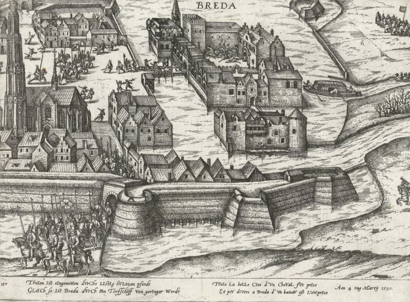 The Peat Ship of Breda, 1590, Series 10: Dutch and Foreign Events, 1587-1612, print, album page, Series number, 301, 469, 1590. States soldiers capture the castle of Breda, March 4, 1590. With caption of 2 lines in German and 2 lines in French. Numbered: 117., printmaker: workshop of Frans Hogenberg, Cologne, 1590 - 1592, North Rhine-Westphalia, paper, etching, height 210 mm x width 280 mm, capture of city (after the siege), Capture of Breda (1590), Breda, Period, 1590-03-04, A detailed black and white engraving shows a fortified riverside town with clustered buildings, gabled roofs, towers, and a large church with tall spires; stone walls, bastions, and ramparts surround parts of the settlement and extend into water channels where narrow bridges and quays connect islands of buildings; groups of armored riders and foot soldiers are assembled near gates and along streets, some on horseback and others carrying long spears or banners, while small boats with seated figures travel the water...