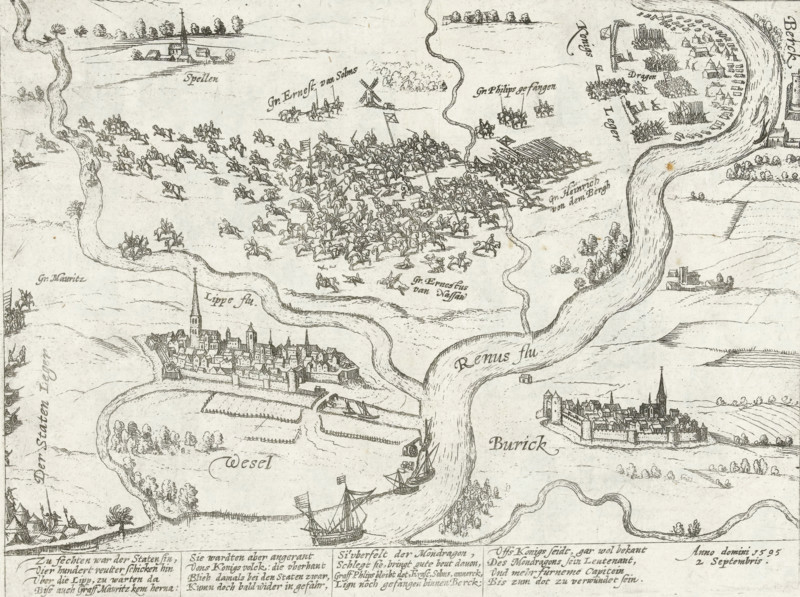 Defeat of the States Army at Wesel, 1595, Series 10: Dutch and Foreign Events, 1587-1612, print, album page, Series number, 325, 469, Defeat of the States Army at Wesel. Maurice's cavalry defeated by Mondragon's cavalry at Wesel, September 2, 1595. Count of Solms and Philip of Nassau are killed and Count Ernst of Nassau is taken prisoner. Wesel at the bottom, Rheinberg at the top. With a 16-line caption in German. Unnumbered., printmaker: workshop of Frans Hogenberg, Cologne, 1595 - 1597, North Rhine-Westphalia, paper, etching, height 210 mm x width 280 mm, Person, Philip Count of Nassau, Ernst (Count of Nassau), battle, fighting in general, Battle of Wesel, Rijnberg, Wesel, Period, 1595-09-02, A detailed black-and-white line drawing shows a winding river flowing through a landscape with towns on its banks, fortified walled settlements with clustered buildings and tall church steeples, and smaller hamlets. The river has boats with sails and flags near the shore. Open fields and patches...