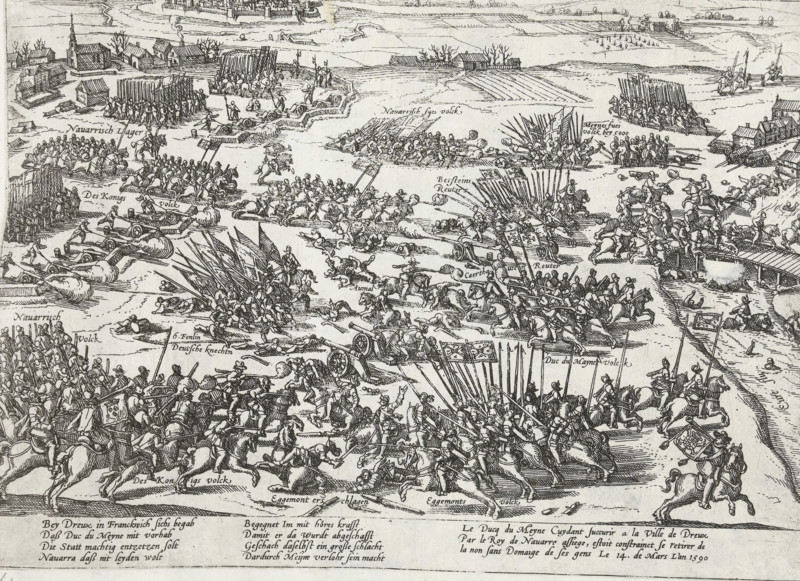 Battle of Ivry (Dreux), 1590, Series 4: French, German and English Events, 1576-1610, print, album page, Series number, 61, 469, View of the Battle of Ivry (Dreux), March 14, 1590. In the distance the walled city. With caption of 8 lines in German and 3 lines in French. Unnumbered., printmaker: workshop of Frans Hogenberg, Cologne, 1590 - 1612, North Rhine-Westphalia, paper, etching, height 215 mm x width 280 mm, Person, Henry IV (King of France and Navarre), battle, fighting in general, French Wars of Religion, Ivry, Dreux, Period, 1590-03-14, The image shows a detailed monochrome engraving of a large battle scene with many mounted soldiers, infantry formations carrying long pikes, groups of men operating cannons, and scattered fallen figures. There are multiple cavalry charges with riders brandishing lances or swords, tightly packed ranks of pikemen, and small detachments of soldiers clustered around wagons and artillery. The background includes simple buildings, fences, and open fie...
