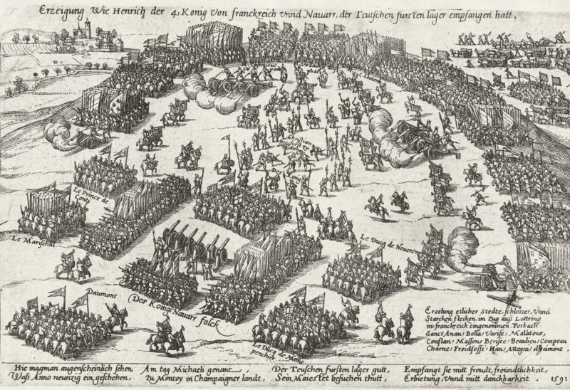 Depiction of how Henry IV, King of France and Navarre, received the German princely camp, Visit of Henry IV to the German army, 1591, Series 4: French, German and English Events, 1576-1610, print, album page, Series number, 67, 469, Reception of Henry IV and his troops at the German army, 1591. With an 8-line caption in German. Unnumbered., printmaker: workshop of Frans Hogenberg, Cologne, 1591 - 1612, North Rhine-Westphalia, paper, etching, height 215 mm x width 280 mm, Person, Henry IV (King of France and Navarre), French Wars of Religion, Period, A wide black-and-white engraving showing a large open battlefield crowded with formations of soldiers, cavalry, and artillery arranged in geometric blocks and lines, with groups of infantry carrying pikes or standards, rows of cannons emitting plumes of smoke, mounted riders and officers scattered across the plain, wagons and teams in the background, bundled stocks of pikes or stakes forming defensive works, and small clusters of buildings ...