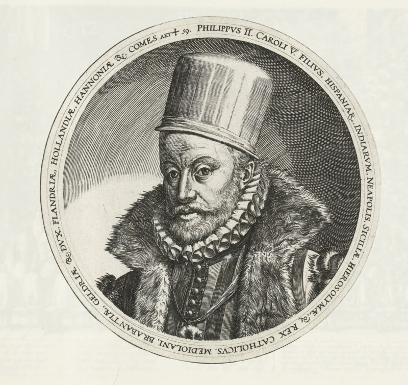 Philippus II, Portrait of Philip II, Series 2: Events in the Netherlands, 1555-1558, print, album page, Series number, 11, 469, Portrait of Philip II at the age of 59, bust facing left. Round print, cut out and pasted in., printmaker: workshop of Frans Hogenberg, Cologne, after print by Hieronymus Wierix, 1586 - 1587, Hieronymus Wierix, after print by, North Rhine-Westphalia, paper, engraving, diameter 185 mm, After the portrait by Hieronymus Wierix dated 1586 (Hollstein 2134). First used as an illustration in: Michael Aitsinger, Belgici leonis chorographia, das ist ein newe Landt Beschreibung des Belgiën Lewen, 1587., Person, Philip II of Spain, Eighty Years' War, An engraved oval portrait shows an older man with a tall cylindrical hat and a fur-lined cloak, his face detailed with lines, a full beard, and a curled mustache; he wears a ruffled collar and a buttoned garment beneath the fur, and the oval frame around him contains decorative hatch shading.