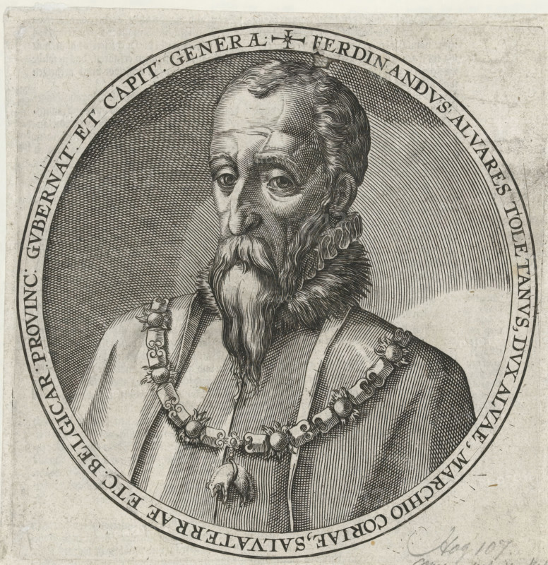 Portrait of the Duke of Alva, Series 5: Dutch Events, 1566-1570, print, album page, Series number, 107, 469, bust facing left, Order chain of the Golden Fleece around the neck., printmaker: workshop of Frans Hogenberg, Cologne, 1586 - 1587, North Rhine-Westphalia, paper, engraving, height 173 mm x width 170 mm, First used as an illustration in: Michael Aitsinger, Belgici leonis chorographia, das ist ein newe Landt Beschreibung des Belgischen Lewen, 1587., Person, Fernando Álvarez de Toledo (3rd Duke of Alba), Eighty Years' War, Period, 1567 - 1573, A detailed black and white engraved portrait shows the upper body and head of an older man facing slightly to one side, with a high forehead, wavy hair, and a long moustache and beard. He wears a ruffled collar and an ornate garment decorated with a heavy chain of linked elements and round medallions, from which hangs a pendant shaped like an animal head. The portrait is set within an oval frame that has patterned engraved backgrounds with d...