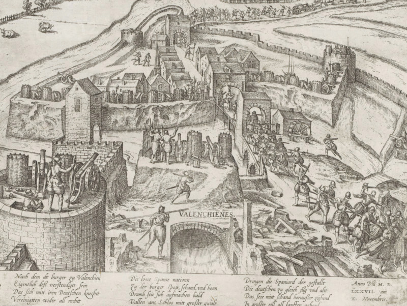 Liberation of Valenciennes, 1576, Series 7: Dutch Events, 1576-1577, print, album page, historical print, Series number, 118, 380?, November 10, 1576. Conquest of Valenciennes by the States Army and withdrawal of the Spaniards from the besieged castle of Valenciennes. With a 12-line caption in German. Numbered lower left: 118., printmaker: Frans Hogenberg, Cologne, 1577 - c. 1579, North Rhine-Westphalia, paper, etching, height 207 mm x width 272 mm, capture of city (after the siege), Inname van Valenciennes (1576), Valenciennes, Period, 1576-11-10, A detailed monochrome engraving of a walled town viewed from above showing stone curtain walls and round towers with battlements, inner streets lined with small pitched-roof buildings and rows of wheel-like objects, soldiers on the walls and bridge carrying pikes and shields, groups of figures operating cannons and other siege equipment, scaffolding and ladders against the walls, a river or moat surrounding sections of the fortifications, op...