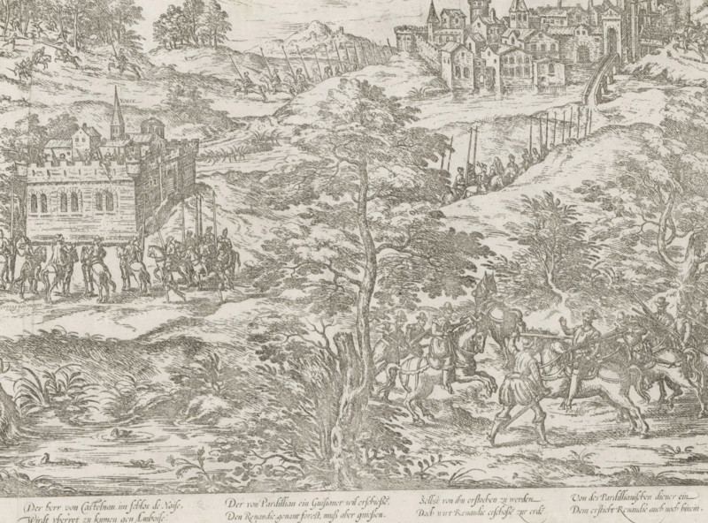 Castelnau comes to Amboise, 1560, Series 3: French Wars of Religion, 1559-1573, print, album page, historical print, Series number, 20, 380?, Michel de Castelnau discovers the Amboise plot, March 13-15, 1560. With an 8-line caption in German. Numbered lower left: 20., printmaker: Frans Hogenberg, Cologne, after print by Jacques Tortorel, 1567 - c. 1571, Jacques Tortorel, after print by, North Rhine-Westphalia, paper, etching, height 208 mm x width 280 mm, Person, Michel de Castelnau, Amboise, Château d'Amboise, Period, 1560-03, A detailed monochrome engraving shows a landscape with rolling hills, scattered trees, and water features. In the middle distance a fortified town with towers, walls, and clustered buildings sits atop a rise, connected by a bridge. Several groups of soldiers on horseback and on foot appear across the scene, some carrying long lances and banners, others clustered near a square, crenellated building with arched windows and a small church-like structure. In the for...