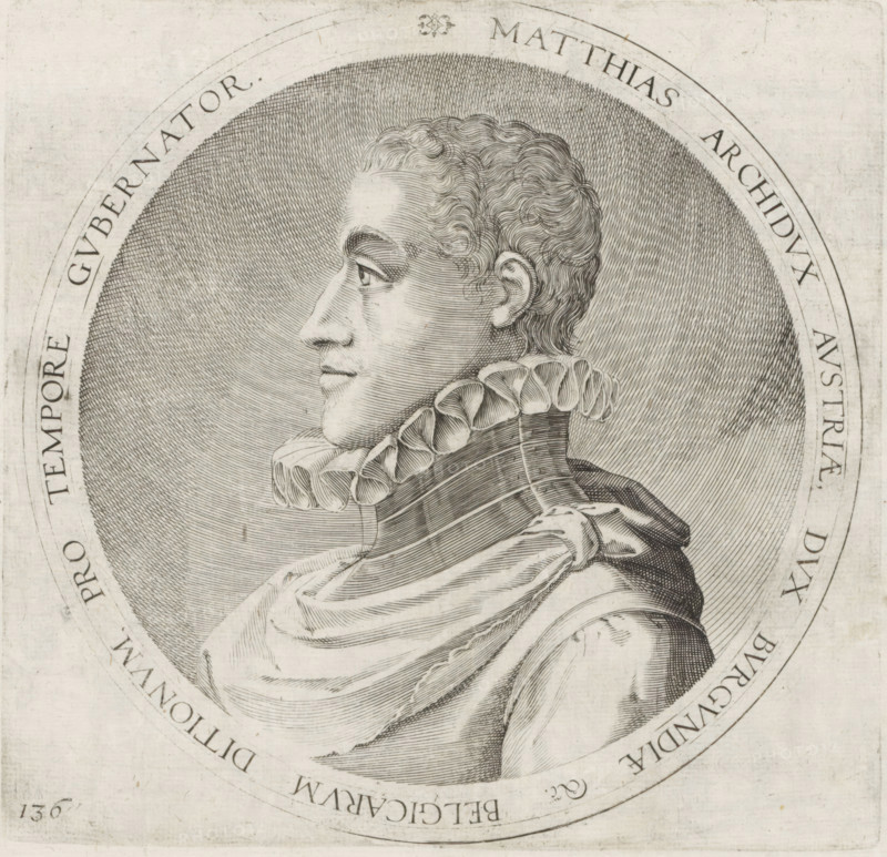 Portrait of Emperor Matthias, Series 8: Dutch Events, 1577-1583, print, album page, Series number, 136, 380?, Portrait of Matthias of Austria, Governor in the Netherlands. Round portrait, bust facing left, with inscription in Latin. Numbered lower left: 136., printmaker: workshop of Frans Hogenberg, Cologne, 1581 - c. 1585, North Rhine-Westphalia, paper, engraving, height 186 mm x width 193 mm, Person, Matthias of Austria (Holy Roman Emperor), Eighty Years' War, Period, 1578, A detailed black and white engraved portrait shows a person in profile facing left inside a circular frame, with closely hatched shading filling the circular background. The person has short, wavy hair rendered with fine curved lines, a prominent brow and nose, a visible ear with inner contours, and a slightly smiling mouth. They wear a high, pleated ruff collar with multiple rounded folds and a layered garment with draped fabric and visible stitching or seams, all depicted with parallel and cross-hatched lines. T...