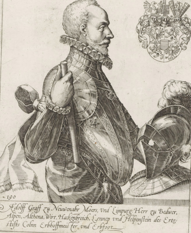 Portrait of Adolf, Count of Nieuwenaar and Meurs, Series 9: Dutch and German Events, 1583-1587, print, album page, Series number, 190, 380?, Count of Nieuwenaar and Meurs. Standing, half-length, profile to the right, helmet on table. His coat of arms in the upper right. With a 3-line caption in German. Numbered in the lower left: 190., printmaker: workshop of Frans Hogenberg, Cologne, 1584 - 1620, North Rhine-Westphalia, paper, engraving, height 210 mm x width 172 mm, Person, Adolf Count of Nieuwenaar and Meurs, Cologne War, Period, 1584, A detailed black and white engraved portrait of a man in profile wearing ornate armor and a ruffled collar, his head turned to the right with a short beard and mustache, one hand resting on a staff and the other holding a helmet; the armor shows decorative etching and layered plates, and a second helmet with a plume sits nearby on a surface; in the upper right is a decorative coat of arms with heraldic animals and elaborate mantling, and at the bottom...