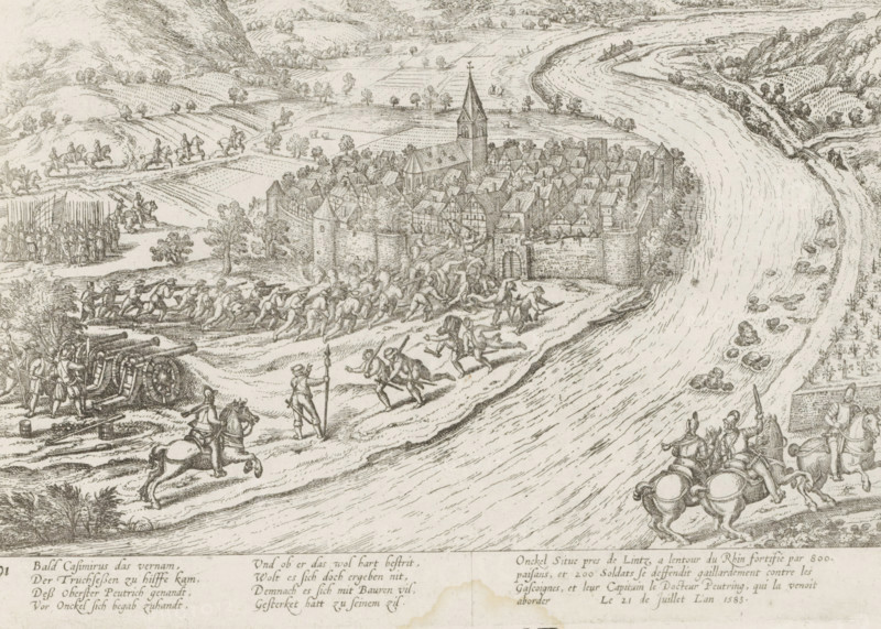 Unkel attacked, 1583, Series 9: Dutch and German Events, 1583-1587, print, album page, historical print, Series number, 191, 380?, Attack on the city of Unkel on the Rhine, July 21, 1583. Episode from the Cologne War. With caption of 8 lines in German and 4 lines in French. Numbered lower left: 191., printmaker: Frans Hogenberg, Cologne, 1587 - c. 1591, North Rhine-Westphalia, paper, etching, height 199 mm x width 283 mm, Person, Gebhard Truchsess von Waldburg, siege, position war, Cologne War, Unkel, Period, 1583-07-21, A detailed pen-and-ink scene shows a walled town with clustered houses and a tall church steeple near a winding river, surrounded by fields and hills. Outside the walls, groups of soldiers march and engage in combat; some soldiers carry long spears or pikes while others fire or brace cannons positioned on the foreground. Horsemen ride along paths and officers on horseback appear to direct troops. At the town gate, figures climb and push against the walls. Trees and sma...