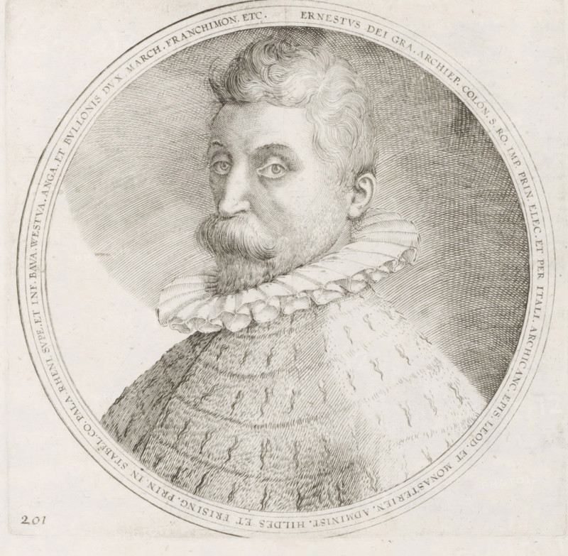 Portrait of Ernst of Bavaria, Series 9: Dutch and German Events, 1583-1587, print, album page, Series number, 201, 380?, Prince-Bishop of Liège and Bishop of Cologne, ca. 1583. Round portrait, bust facing left. With inscription in Latin around the edge. Numbered lower left: 201., printmaker: workshop of Frans Hogenberg, Cologne, 1583 - 1620, North Rhine-Westphalia, paper, engraving, height 180 mm x width 188 mm, Person, Ernst of Bavaria (Prince-Bishop of Liège), Cologne War, Period, 1583, A detailed engraved portrait of a man shown in an oval frame, visible from the shoulders up, with curly hair, a pointed beard and mustache, and a high ruffled collar; fine parallel and crosshatched lines create shading on his face, hair, collar, and the surrounding background, and the oval frame is set within a larger rectangular sheet.
