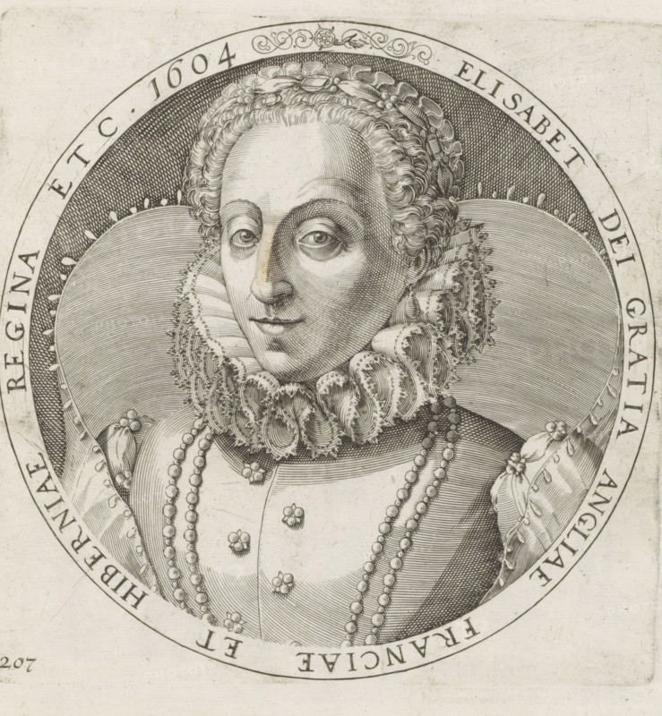 Portrait of Queen Elizabeth I, Series 4: French, German and English Events, 1576-1610, print, album page, Series number, 207, 380?, Portrait of Queen Elizabeth I of England, ca. 1587. Round portrait, bust facing left. With inscription in Latin around the edge. Numbered lower left: 207., printmaker: workshop of Frans Hogenberg, Cologne, 1604, North Rhine-Westphalia, paper, engraving, height 175 mm x width 175 mm, Person, Elizabeth I Tudor (Queen of England), Period, 1587, A detailed engraved portrait of a woman shown from the chest up inside a circular frame, wearing an ornate high ruffled collar and layered garments decorated with strands of beads and floral-shaped buttons; her hair is styled in tight curls with a decorative headband, and she has a composed facial expression with prominent eyes and a slightly curved mouth; the background within the circular frame features finely hatched shading and radiating line patterns, and the outer margin of the image shows a pale textured paper w...