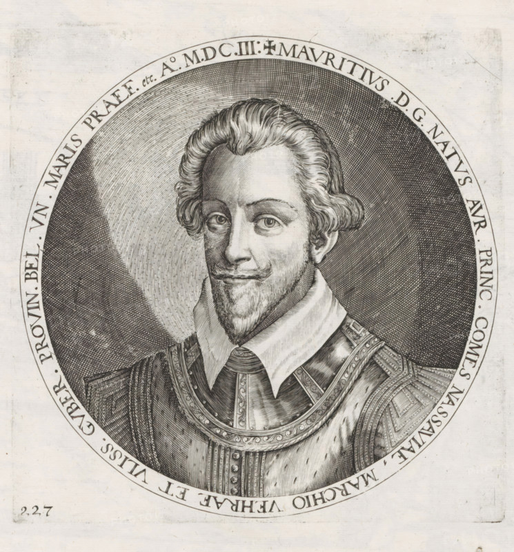 Portrait of Maurits, Series 9: Dutch and German Events, 1583-1587, print, album page, Series number, 227, 380?, Prince of Orange, ca. 1585. Round portrait, bust slightly to the left. With inscription in Latin around the edge. Numbered lower left: 227., printmaker: workshop of Frans Hogenberg, Cologne, 1603, North Rhine-Westphalia, paper, engraving, height 175 mm x width 175 mm, Person, Maurice (Prince of Orange), Eighty Years' War, Period, 1585, A finely detailed engraved portrait of a man shown from the chest up within a circular frame, featuring short wavy hair, a trimmed beard and mustache, and a calm facial expression with slightly raised eyebrows and direct gaze; he wears a high collared shirt, a decorative necktie, and ornate armor or ceremonial garment with patterned straps and rivets, all rendered with dense engraved lines and crosshatching, while the circular background displays concentric engraved textures and a plain outer border against a light paper surface.