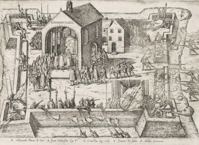 Parma and the Papal Envoy at Gnadental, 1586, Series 9: Dutch and German Events, 1583-1587, print, album page, historical print, Series number, 240, 380?, The Duke of Parma is praised by the Papal Envoy for his merits, scene in a church at Gnadental near Neuss, August 1, 1586. Episode from the Cologne War. With only the explanation of the letters AD as a caption in the plate. Numbered lower left: 240., printmaker: Frans Hogenberg, Cologne, 1587 - c. 1591, North Rhine-Westphalia, paper, etching, height 198 mm x width 260 mm, Person, Alessandro Farnese (Governor of the Netherlands and Duke of Parma and Piacenza), Cologne War, Neuss, Gnadental, Period, 1586-08-01, A detailed black and white engraving shows a fortified scene with walls, bastions, and cannons firing smoke and projectiles. Within the fortification there is a church-like building with an open arched interior where a group of robed figures gather around an altar and a clergyman, and nearby other robed and uniformed figures sta...