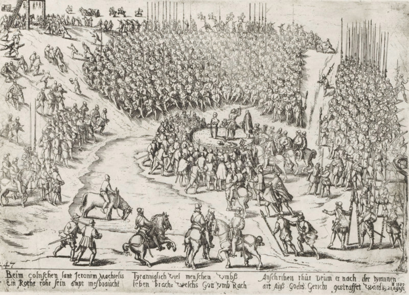 Execution of Hieronymus Michiels in Cologne, 1587, Series 10: Dutch and Foreign Events, 1587-1612, print, album page, Series number, 247, 380?, Execution of Hieronymus Michiels (Jeronim Machielis) in Cologne, August 21, 1587. Michiels kneels on the scaffold to be beheaded. Surrounding him is a large group of soldiers and other spectators. With a 6-line caption in German. Numbered: 247., printmaker: workshop of Frans Hogenberg, Cologne, 1587 - c. 1591, North Rhine-Westphalia, paper, etching, height 183 mm x width 259 mm, Person, Hieronymus Michiels, violent death by beheading, Cologne War, Period, 1587-08-21, A large etched scene shows many small figures gathered in formations across an open area, with groups of standing soldiers holding long pikes and clustered densely on both sides, a round raised platform in the center with three figures standing on it surrounded by a ring of people, mounted riders and men on foot positioned in the foreground moving toward the center, a river or path...