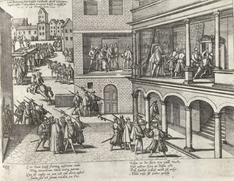 Murder of the de Guise brothers, 1588, Series 4: French, German and English Events, 1576-1610, print, album page, Series number, 255, 380?, Murder of the de Guise brothers at Blois, December 23 and 24, 1588. In the background, the perpetrators are being executed, accompanied by an inscription in Latin. With a caption of 4 lines in Latin and 4 lines in German and a legend in French. Numbered lower left: 255., printmaker: Frans Hogenberg, Cologne, 1589 - c. 1593, North Rhine-Westphalia, paper, etching, height 215 mm x width 280 mm, Person, Henry I of Lorraine (Duke de Guise), Louis II of Lorraine, attempt, political murder, French Wars of Religion, Blois, Period, 1588-12-23, 1588-12-24, A detailed engraved scene shows a courtyard and colonnaded building with multiple levels and arched openings, populated by many figures in period clothing and soldiers with spears and muskets. On a raised exterior gallery a group of men surround a seated figure while others stand by a fabric backdrop and ...