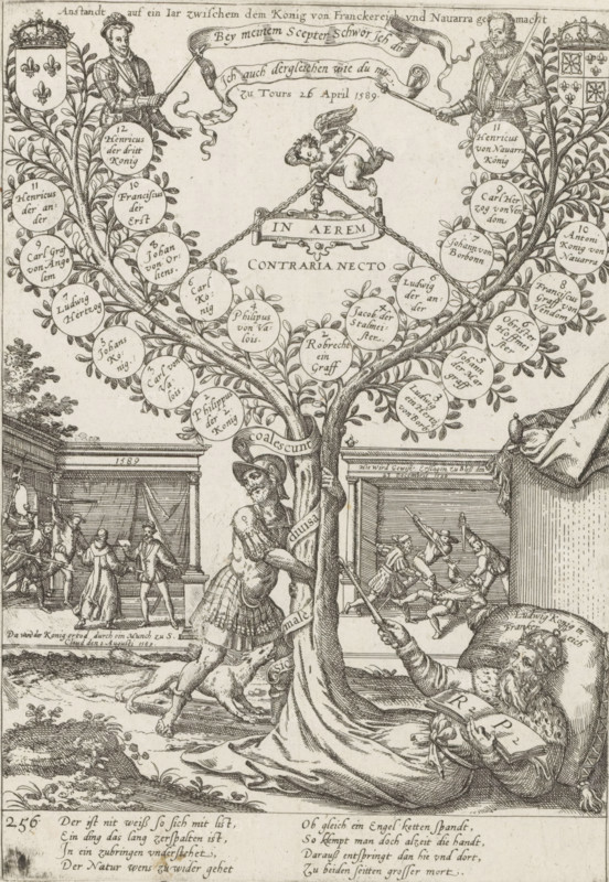 Anstandt auf ein Jar zwischem dem Koning von Franckereich und Navarra gemacht zu Tours 26 April 1589, Genealogy with branches of Valois and Bourbon, 1589, Series 4: French, German and English Events, 1576-1610, print, album page, historical print, Series number, 256, 380?, Genealogy of the two royal dynasties of the House of Valois and the House of Bourbon, sprouting from the body of the French King Louis lying on the ground. At the ends of the branches Henry III of Valois and Henry II of Navarre. An angel tries to hold the two diverging branches together, a soldier tries to pull the two trunks apart. In the background, depictions of the assassination of Henry III (1589) and the assassination of the Duke of Guise (1588). Following a settlement on April 26, in Tours. With an 8-line caption in German. Numbered lower left: 256., printmaker: Frans Hogenberg, Cologne, 1589 - c. 1593, North Rhine-Westphalia, paper, etching, height 250 mm x width 175 mm, Person, Henry III (King of France), He...